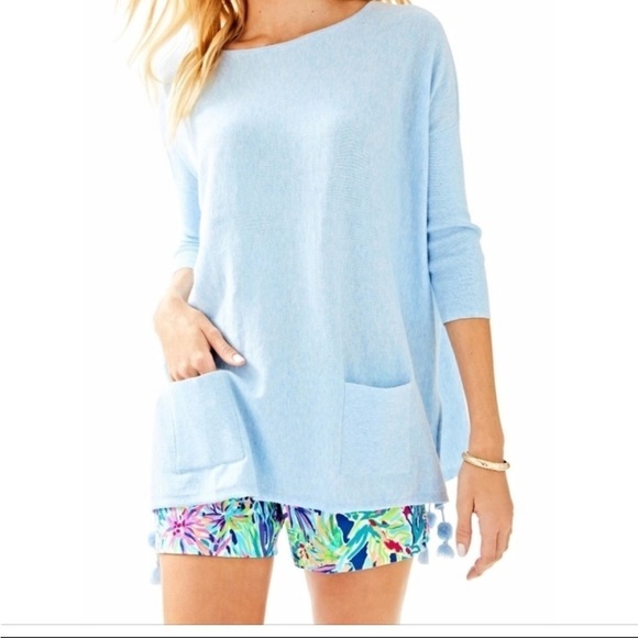 Lilly Pulitzer Womens XS Mint Blue Elba Tunic Boxy Sweater Tassles Pockets - Picture 10 of 10